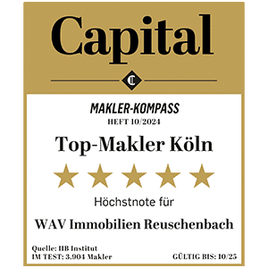 Auszeichung - Top Bewertung - Höchstnote für Immobilienmakler in Bornheim, Hürth, Brühl, Köln und Wesseling - WAV Immobilien Reuschenbach - Capital Top Makler Köln - Makler-Kompass
